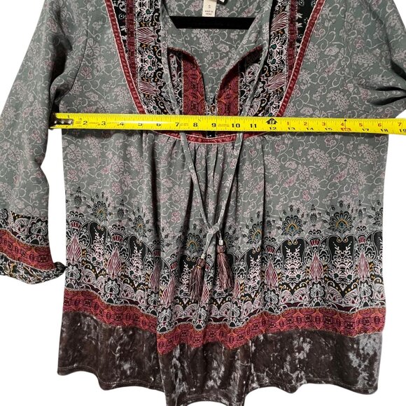 Knox Rose Boho Tunic Top Tassels Velvet Hem Bell Sleeves Gypsy Peasant Gray S - Picture 15 of 16